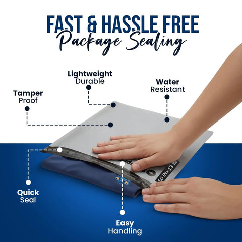 Front view of Bulk 200 Pack 10x13 Poly Mailers Self Seal Waterproof Bags For Shipping Clothes Books And Accessories Easy Tear Free Closure Weather Resistant Packaging For Your Small Biz, with hands sealing a bag.