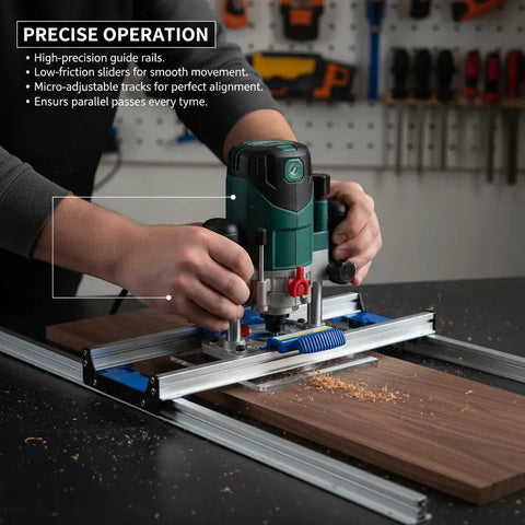 Router Sled Aluminum Alloy Flattening Jig With Precise Rail and Low Friction Slide in use on wood board, compact setup shown