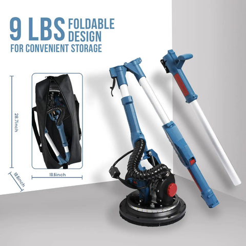 Heavy Duty Drywall Sander With Vacuum Dust Collection Pro Grade Power 900W 7.2A Foldable design shown with storage bag