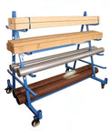Heavy Duty Double Sided Horizontal Material Storage Rack Featuring Adjustable Arms For Lumber PVC Tubes And Steel Pipe, holding wood and metal.
