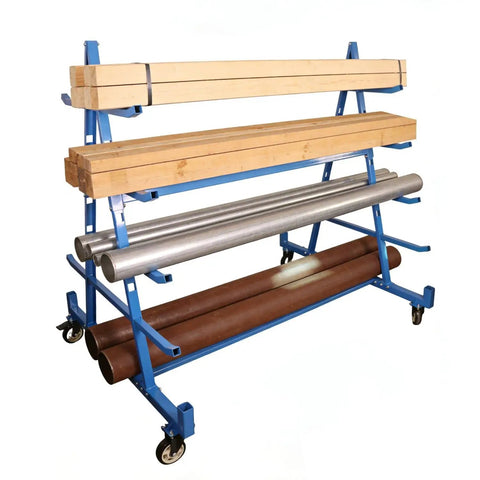 Heavy Duty Double Sided Horizontal Material Storage Rack Featuring Adjustable Arms For Lumber PVC Tubes And Steel Pipe, holding wood and metal.