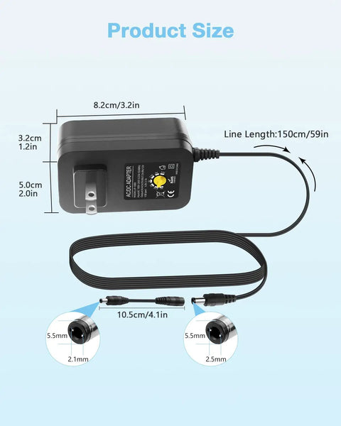 Diagram of All In One Plug And Play Adjustable Power Supply 3V To 12V 30W With 14 Tips Polarity Converter and measurements shown.