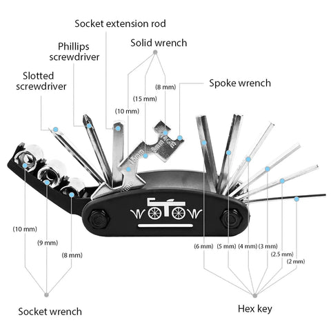 All In One Bike Repair Kit With 16 In 1 Multitool Tire Levers Spoke Wrench Hex Keys And Sockets For Road And Mountain Bikes