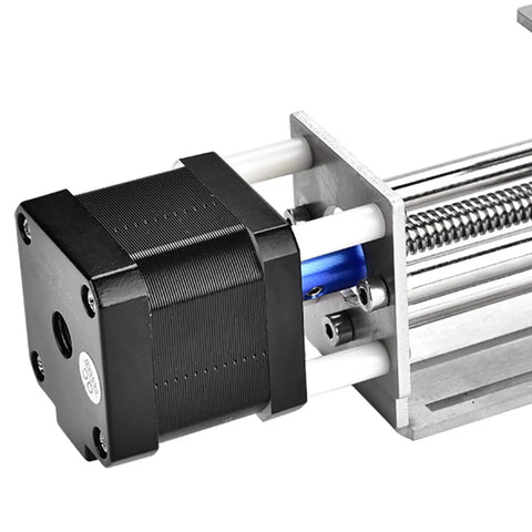 Close-up of Slick Electric Linear Rail Guide And Z Axis Slide Module with stepper motor and steel rail, designed for CNC upgrades.