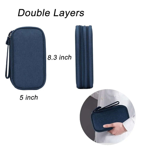 Skip The Cable Knots With This Portable Double Layer Electronic Organizer Travel Case Water Resistant Storage Pouch showing dimensions of 8.3 x 5 inches.