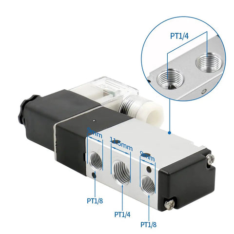 Five Station Solenoid Valve Manifold, 110V AC, 5 Way 2 Position Pneumatic Air Valve, detailed with PT1/4 and PT1/8 port sizes visible.