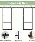 Two 36 Inch By 84 Inch Frosted Glass Barn Door Panels With Top Mounted Hardware And Soft Close Kit 72 Inch By 84 Inch Interior Sliding Glass Door In Black Carbon Steel Frame Dope Sleek Look, showing complete set of sliding hardware, door panels, and floor guide.