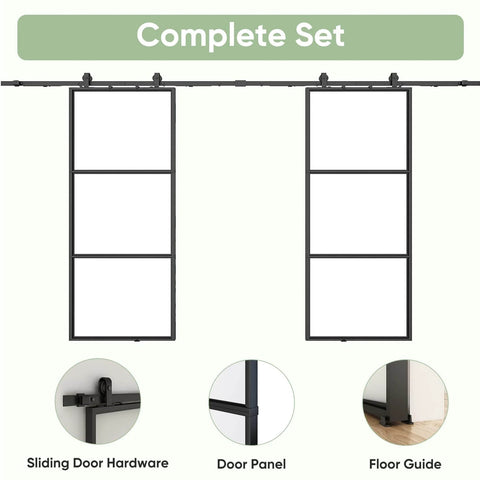 Two 36 Inch By 84 Inch Frosted Glass Barn Door Panels With Top Mounted Hardware And Soft Close Kit 72 Inch By 84 Inch Interior Sliding Glass Door In Black Carbon Steel Frame Dope Sleek Look, showing complete set of sliding hardware, door panels, and floor guide.