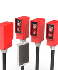 Built Tough Through Beam Photoelectric Sensor With Infrared Switch 10 Meter Sensing Range IP67 Waterproof 24-220V ACDC 5 Wire Square Mount Ideal For Industrial Automation And Harsh Environments.