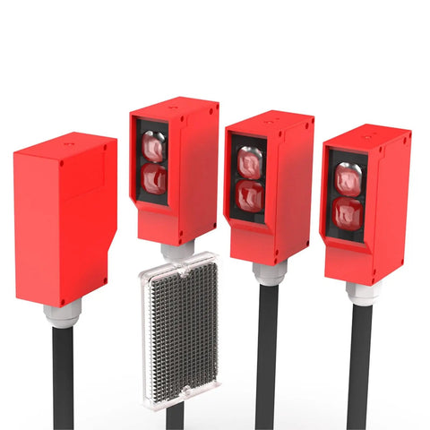 Built Tough Through Beam Photoelectric Sensor With Infrared Switch 10 Meter Sensing Range IP67 Waterproof 24-220V ACDC 5 Wire Square Mount Ideal For Industrial Automation And Harsh Environments.