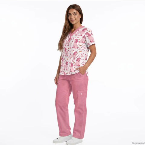 Hot Pink Scrubs Tops And Pants Set For Women Perfect For Nurses Veterinary Techs Dental Hygienists And Pet Groomers With Handy Pockets And All Day Comfort Workwear For Hospitals And Clinics, shown on woman