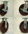 Heavy Duty Eight Inch Ductile Steel Swivel Casters With Brakes Plus Two Rigid Units, showcasing red wheel design and durable mount.