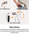 Foldable AI Phone Gimbal Pro Vlog Kit with 360 Pan Tracking shown in pocket and 3-axis stabilization, easy setup instructions