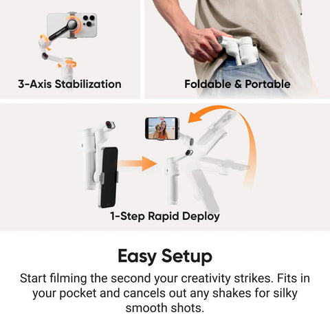Foldable AI Phone Gimbal Pro Vlog Kit with 360 Pan Tracking shown in pocket and 3-axis stabilization, easy setup instructions