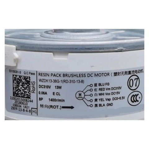 Kickass Indoor DC Fan Motor For Air Conditioners, Tough Replacement Part For Midea Units, Super Quiet, High Power Cooling, Easy Install, Industrial Grade Spare That Keeps Your AC Running Strong. label view