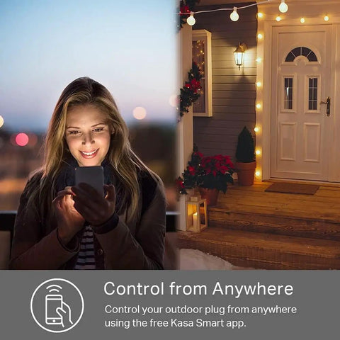Woman controlling Outdoor Smart Plug With Two Outlets WiFi Outlet That Works With Alexa Google Home And IFTTT No Hub Required IP64