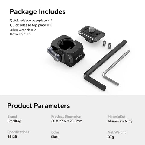 Drop In HawkLock Mini Quick Release Plate With One Quarter Inch Screw set, including baseplate, top plate, and tools, in aluminum alloy.