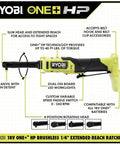 Infographic of Ryobi 18V One+ HP Brushless 1/4 inch extended reach ratchet with features and specifications labeled