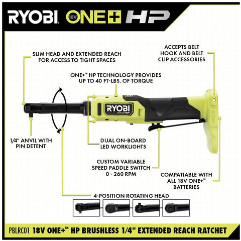 Infographic of Ryobi 18V One+ HP Brushless 1/4 inch extended reach ratchet with features and specifications labeled