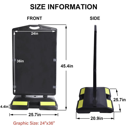 Diagram showing dimensions of 2 Pack 24 By 36 Inch Double Sided Sidewalk Sign For Outdoor Use Weatherproof Plastic Advertising Board With Water Filled Base Grey Frame For Restaurants Cafes Bars And Events.