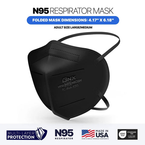 NIOSH Approved N95 Respirator Mask Black 50 Pack Made In USA With Overhead Head Straps For A Tight Seal And 95 Percent Filtration
