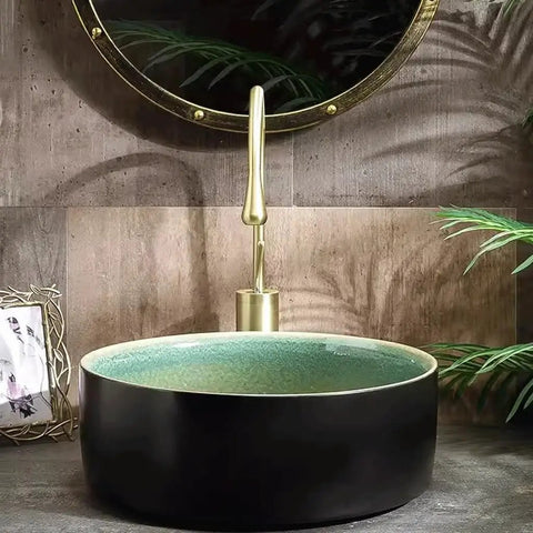 XYWGBMS Small Apartment Ceramic Household Balcony Basin Basin Single Basin Retro Above Counter Basin with green interior.