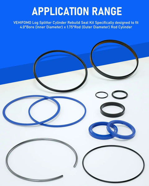 Hydraulic Log Splitter Cylinder Rebuild Seal Kit For 4.0 Bore By 1.75 Rod Cylinders, 11 Pack, assorted replacement seals visible