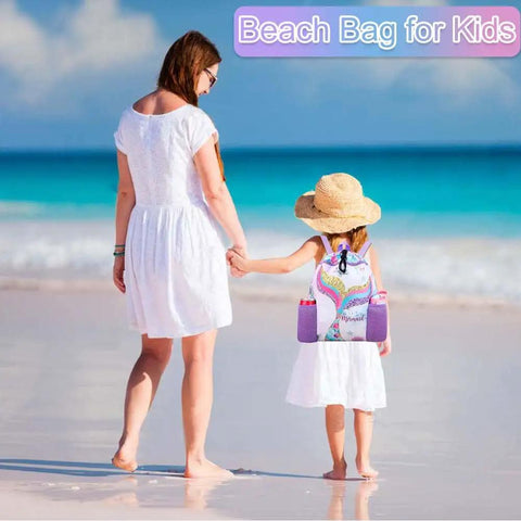 Girl with Mermaid Swim Bag For Kids Drawstring Backpack For Girls Beach And Pool Waterproof Wet Dry Bag on a beach walk