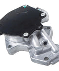 Brake vacuum pump, side view, aluminum alloy body with black mounting cover.
