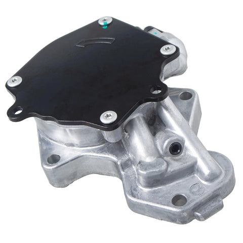 Brake vacuum pump, side view, aluminum alloy body with black mounting cover.