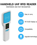 UHF RFID Reader SR300 Bluetooth Handheld Scanner with OLED screen and Bluetooth features for inventory management.