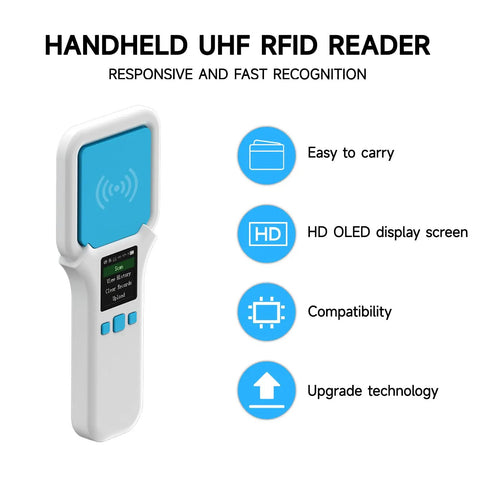 UHF RFID Reader SR300 Bluetooth Handheld Scanner with OLED screen and Bluetooth features for inventory management.