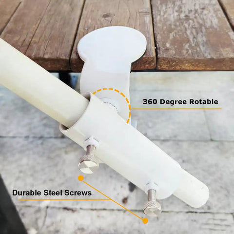 Heavy Duty Patio Umbrella Clamp In Rustproof Steel With 360 Degree Rotation Railing Holder For Balcony Fence Bleachers And Outdoor Deck Easy Install And Secure Grip attached to wooden table showing steel screws