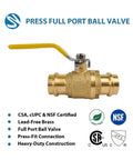2 Inch Press Full Port Brass Ball Valve For Plumbing Pro Grade Heavy Duty Lead Free Brass With Yellow Lever Handle CSA NSF And CUPC Certified