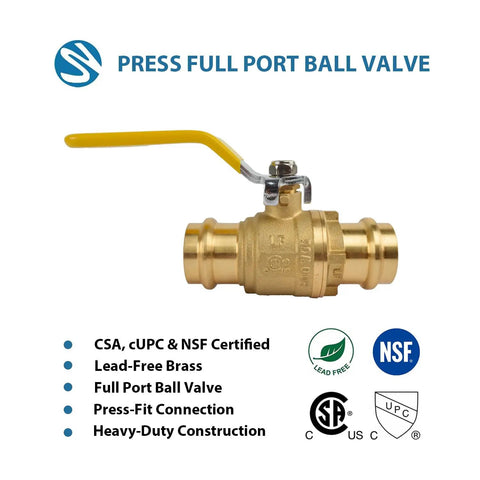 2 Inch Press Full Port Brass Ball Valve For Plumbing Pro Grade Heavy Duty Lead Free Brass With Yellow Lever Handle CSA NSF And CUPC Certified