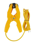 Yellow alligator-clamp thermometer probe with long lead and two-pin plug, front view