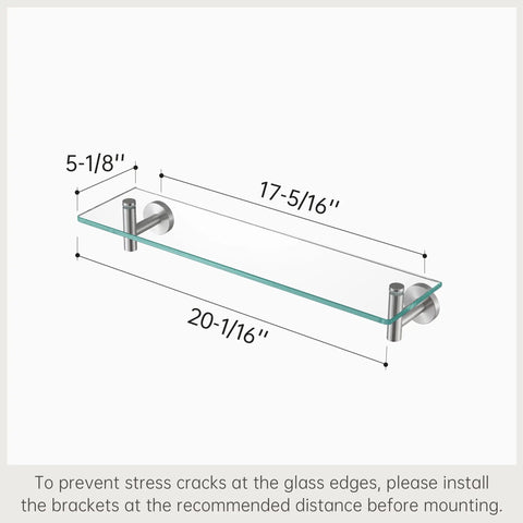 Dimensions diagram of sturdy 20 inch glass wall shelves 3 pack with rectangular stainless steel brackets in brushed finish