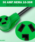 Green 30 Amp NEMA 10-30R connector of 15 Foot 3 Prong Dryer Extension Cord 30 Amp NEMA 10-30P to 10-30R Weatherproof ETL Listed Cable