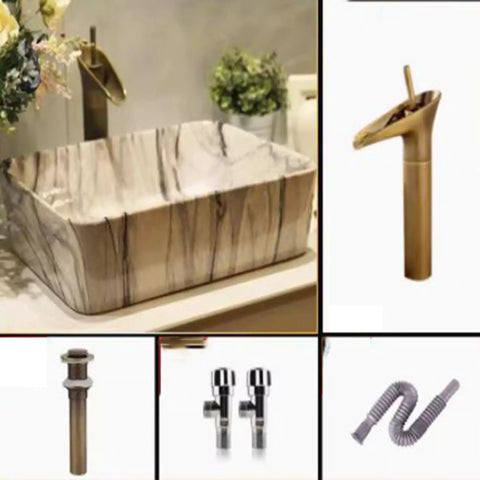 USZWBY Marbling Vessel Sink - Rectangular Ceramic Bathroom Sink with Faucet & Drain Above Counter Vanity Bowl in elegant design.