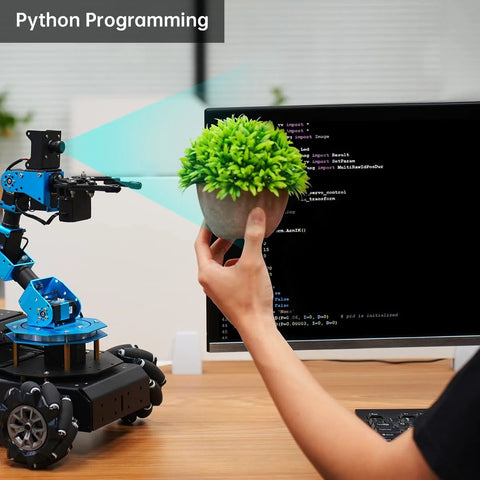 HIWONDER 6DOF robot arm toy with blue metal frame beside a monitor displaying code