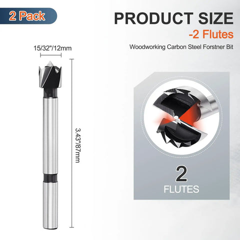 Heavy Duty Carbon Steel Forstner Drill Bit Set 15 32 Inch woodworking hole saw with 2 flutes, 12mm head, 8mm shank.