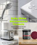 No Sweat All In One Surface Restoration Polish With Soft Applicator Pad For Scuffed Wood Floors And Dull Cabinet Doors Scrubs Away Stickiness And Grime And Leaves It Looking Brand Spanking New Today. Display of stainless steel toaster, chrome showerhead, and ceramic sink.