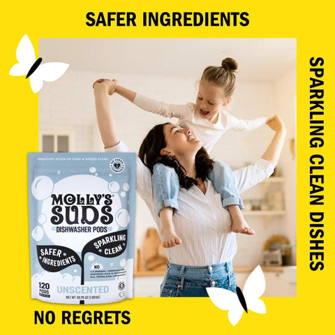 Mother lifting child in kitchen with Dishwasher Detergent Pods Unscented For Sparkling Dishes And Residue Free Rinses packaging.