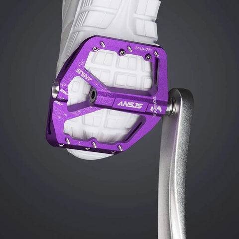 Grippy Aluminum Flat Pedals With Ultra Traction Pins And Sealed Bearings, Lightweight Platform Pedals Built For Mountain, Road, MTB And BMX Riding, 9/16 Inch Spindle, Purple A001 attached to shoe
