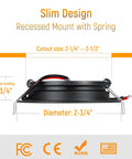 Top Shelf Eight Pack Of 12 Volt LED Puck Lights For Recessed Camper Van Install Smooth Dimming Warm White Downlights With Crisp CRI 93 Output showing slim recessed mount design with spring and dimensions.