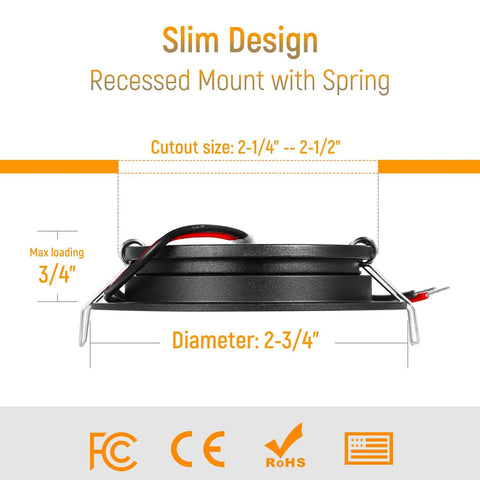 Top Shelf Eight Pack Of 12 Volt LED Puck Lights For Recessed Camper Van Install Smooth Dimming Warm White Downlights With Crisp CRI 93 Output showing slim recessed mount design with spring and dimensions.