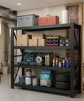 Beefed Up 4 Tier Storage Shelving Black Industrial Grade Rack Cracks Under Up To 6000 Lbs Pressure, with tools and supplies organized in garage.