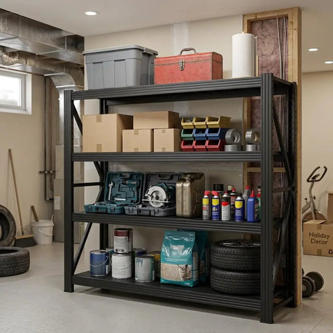 Beefed Up 4 Tier Storage Shelving Black Industrial Grade Rack Cracks Under Up To 6000 Lbs Pressure, with tools and supplies organized in garage.