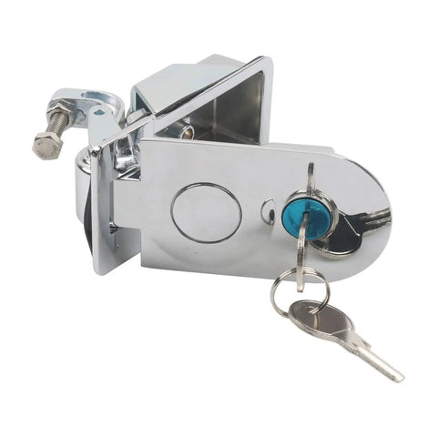 Two Piece Flush Mount Trailer Access Door Latch Set With Push Button Cylinder Closure For Paired Baggage Panels, chrome finish with keys