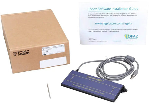 SignatureGem 1X5 USB Electronic Signature Pad With Software sleek blue tablet with USB cable and installation guide.